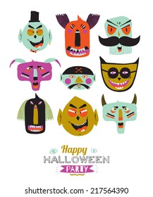Bright trick or treat card in vector. Stylish halloween illustration with cute, funny, evil, fearsome monsters in cartoon style. Super monster. Happy Halloween party, kids.