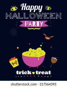 Bright trick or treat card in vector. Stylish halloween illustration with cute, funny, evil, fearsome monsters in cartoon style. Super monster. Happy Halloween party, kids.