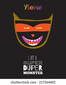 Bright trick or treat card in vector. Stylish halloween illustration with cute, funny, evil, fearsome monsters in cartoon style. Super monster. Happy Halloween party, kids.