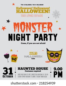 Bright trick or treat card in vector. Stylish halloween illustration with cute, funny, evil, fearsome monsters in cartoon style. Super monster. Happy Halloween party, kids. Eat, drink and be scary
