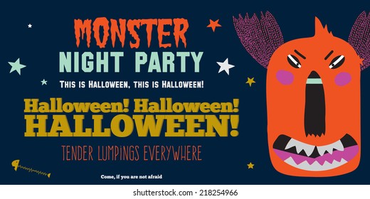 Bright trick or treat card in vector. Stylish halloween illustration with cute, funny, evil, fearsome monsters in cartoon style. Super monster. Happy Halloween party, kids. Eat, drink and be scary