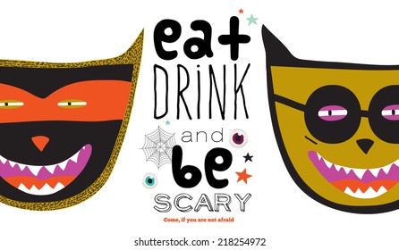 Bright trick or treat card in vector. Stylish halloween illustration with cute, funny, evil, fearsome monsters in cartoon style. Super monster. Happy Halloween party, kids. Eat, drink and be scary