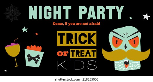 Bright trick or treat card in vector. Stylish halloween illustration with cute, funny, evil, fearsome monsters in cartoon style. Super monster. Happy Halloween party, kids. Eat, drink and be scary