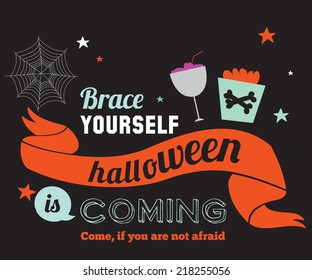 Bright trick or treat card in vector. Stylish halloween illustration with cute, funny, evil, fearsome monsters in cartoon style. Super monster. Happy Halloween party, kids. Eat, drink and be scary