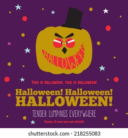 Bright trick or treat card in vector. Stylish halloween illustration with cute, funny, evil, fearsome monsters in cartoon style. Super monster. Happy Halloween party, kids. Eat, drink and be scary