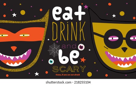 Bright trick or treat card in vector. Stylish halloween illustration with cute, funny, evil, fearsome monsters in cartoon style. Super monster. Happy Halloween party, kids. Eat, drink and be scary