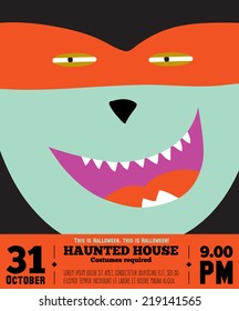 Bright trick or treat card in vector. Stylish halloween illustration with cute, funny, evil, fearsome monsters in cartoon style. Super monster. Happy Halloween party, kids. Eat, drink and be scary