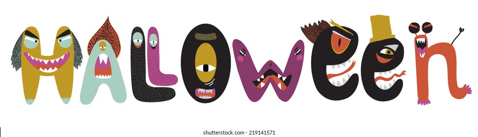 Bright trick or treat card in vector. Stylish halloween illustration with cute, funny, evil, fearsome monsters in cartoon style. Super monster. Happy Halloween party, kids. Eat, drink and be scary