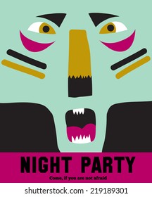 Bright trick or treat card in vector. Stylish halloween illustration with cute, funny, evil, fearsome monsters in cartoon style. Super monster. Happy Halloween party, kids. Eat, drink and be scary