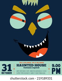 Bright trick or treat card in vector. Stylish halloween illustration with cute, funny, evil, fearsome monsters in cartoon style. Super monster. Happy Halloween party, kids. Eat, drink and be scary