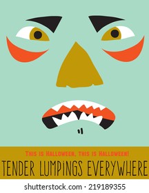 Bright trick or treat card in vector. Stylish halloween illustration with cute, funny, evil, fearsome monsters in cartoon style. Super monster. Happy Halloween party, kids. Eat, drink and be scary