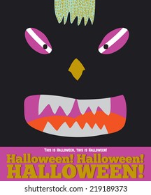 Bright trick or treat card in vector. Stylish halloween illustration with cute, funny, evil, fearsome monsters in cartoon style. Super monster. Happy Halloween party, kids. Eat, drink and be scary