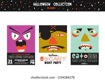 Bright trick or treat cards in vector. Stylish halloween illustration with cute, funny, evil, fearsome monsters in cartoon style. Super monster. Happy Halloween party, kids. Eat, drink and be scary