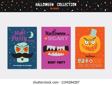 Bright trick or treat cards in vector. Stylish halloween illustration with cute, funny, evil, fearsome monsters in cartoon style. Super monster. Happy Halloween party, kids. Eat, drink and be scary