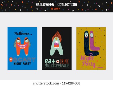 Bright trick or treat cards in vector. Stylish halloween illustration with cute, funny, evil, fearsome monsters in cartoon style. Super monster. Happy Halloween party, kids. Eat, drink and be scary