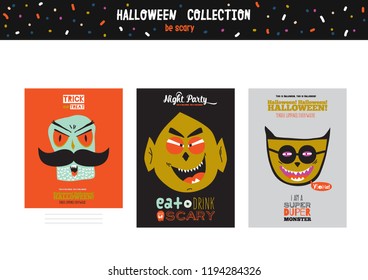 Bright trick or treat cards in vector. Stylish halloween illustration with cute, funny, evil, fearsome monsters in cartoon style. Super monster. Happy Halloween party, kids. Eat, drink and be scary