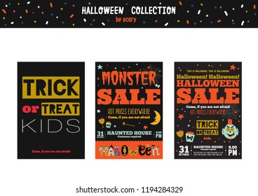 Bright trick or treat cards in vector. Stylish halloween illustration with cute, funny, evil, fearsome monsters in cartoon style. Super monster. Happy Halloween party, kids. Eat, drink and be scary