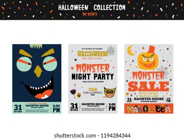 Bright trick or treat cards in vector. Stylish halloween illustration with cute, funny, evil, fearsome monsters in cartoon style. Super monster. Happy Halloween party, kids. Eat, drink and be scary