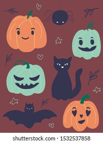 Bright trick or treat cards in vector. Stylish halloween illustration with cute, funny, evil, fearsome monsters in cartoon style. Super monster. Happy Halloween party, kids. Eat, drink and be scary