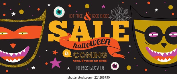 Bright trick or treat poster in vector. Stylish illustration with monsters halloween typographic. Poster design in hipster style. Happy Halloween party, kids. Hot prices everywhere.