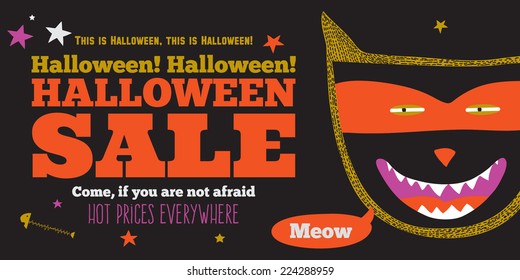 Bright trick or treat poster in vector. Stylish illustration with monsters halloween typographic. Poster design in hipster style. Happy Halloween party, kids. Hot prices everywhere.
