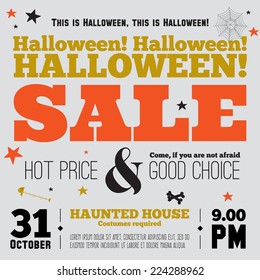 Bright trick or treat poster in vector. Stylish illustration with monsters halloween typographic. Poster design in hipster style. Happy Halloween party, kids. Hot prices everywhere.