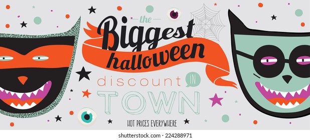 Bright trick or treat poster in vector. Stylish illustration with monsters halloween typographic. Poster design in hipster style. Happy Halloween party, kids. Hot prices everywhere.