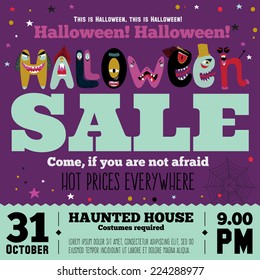 Bright trick or treat poster in vector. Stylish illustration with monsters halloween typographic. Poster design in hipster style. Happy Halloween party, kids. Hot prices everywhere.