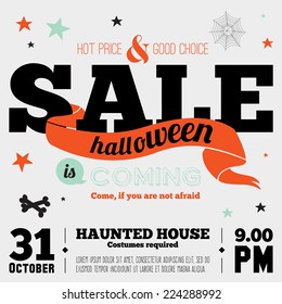 Bright trick or treat poster in vector. Stylish illustration with monsters halloween typographic. Poster design in hipster style. Happy Halloween party, kids. Hot prices everywhere.