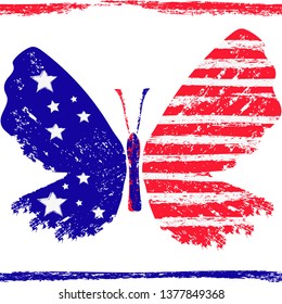 Bright tricolor red-blue-white grunge stylized butterfly with stars and stripes on a transparent background. Vector image. Eps 8