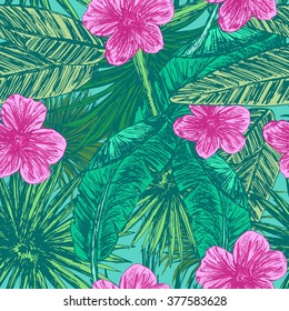 Bright tropic seamless pattern with hand drawn leaves and flowers