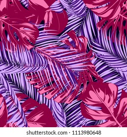Bright Tropic Seamless Pattern with Monstera. Vector Leaves of Philodendron and Palm. Exotic Summer Background. Handwritten Jungle Foliage. Tropical Seamless Pattern in Pink and Purple Colors. EPS10.