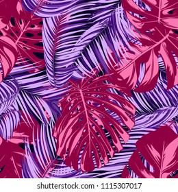 Bright Tropic Seamless Pattern with Monstera. Vector Leaves of Philodendron and Palm. Exotic Summer Background. Handwritten Jungle Foliage. Tropical Seamless Pattern in Pink and Purple Colors. EPS10.
