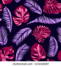 Bright Tropic Seamless Pattern with Monstera. Vector Leaves of Philodendron and Palm. Exotic Summer Background. Handwritten Jungle Foliage. Tropical Seamless Pattern in Pink and Purple Colors. EPS10.