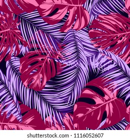 Bright Tropic Seamless Pattern with Monstera. Vector Leaves of Philodendron and Palm. Exotic Summer Background. Handwritten Jungle Foliage. Tropical Seamless Pattern in Pink and Purple Colors. EPS10.