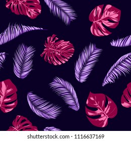 Bright Tropic Seamless Pattern with Monstera. Vector Leaves of Philodendron and Palm. Exotic Summer Background. Handwritten Jungle Foliage. Tropical Seamless Pattern in Pink and Purple Colors. EPS10.