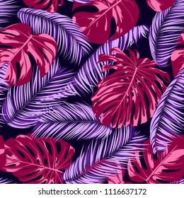 Bright Tropic Seamless Pattern with Monstera. Vector Leaves of Philodendron and Palm. Exotic Summer Background. Handwritten Jungle Foliage. Tropical Seamless Pattern in Pink and Purple Colors. EPS10.