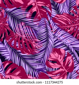 Bright Tropic Seamless Pattern with Monstera. Vector Leaves of Philodendron and Palm. Exotic Summer Background. Handwritten Jungle Foliage. Tropical Seamless Pattern in Pink and Purple Colors. EPS10.