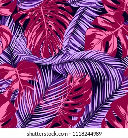 Bright Tropic Seamless Pattern with Monstera. Vector Leaves of Philodendron and Palm. Exotic Summer Background. Handwritten Jungle Foliage. Tropical Seamless Pattern in Pink and Purple Colors. EPS10.