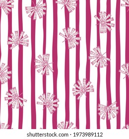 Bright tropic seamless pattern with pink doodle folk licuala palm ornament. Striped background. Decorative backdrop for fabric design, textile print, wrapping, cover. Vector illustration.