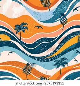 Bright tropical abstract design featuring waves and palm trees with a vibrant color palette