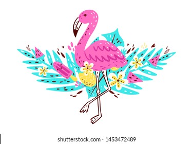 Bright tropical arrangement with flamingo. Tropical sticker with leaves, flowers, ice-cream for holiday, travel, beach vacation. Label, logo, tag and elements for travel, beach vacation