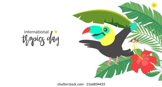Bright tropical background with a cheerful toucan. Vector illustration.