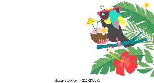 Bright tropical background with a cheerful toucan. Vector illustration.