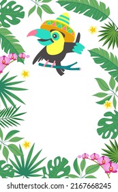 Bright tropical background with a cheerful toucan. Vector illustration.