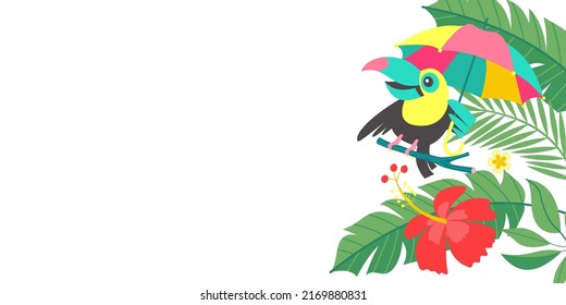 Bright tropical background with a cheerful toucan. Vector illustration.