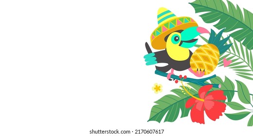 Bright tropical background with a cheerful toucan. Vector illustration.