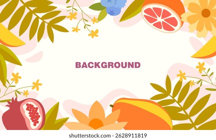 Bright tropical background with decorative border of exotic fruits, leaves and flowers. Ideal for banners, social media, summer posters, invitations, holiday announcements, or menu designs.