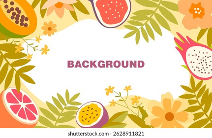 Bright tropical background with a decorative frame of exotic fruits, leaves and flowers. Ideal for banners, social media, summer posters, invitations, holiday posts, or menu designs.