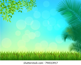Bright tropical background with grass plants. Exotic pattern with tropical grass, tree and palm. Vector illustration.